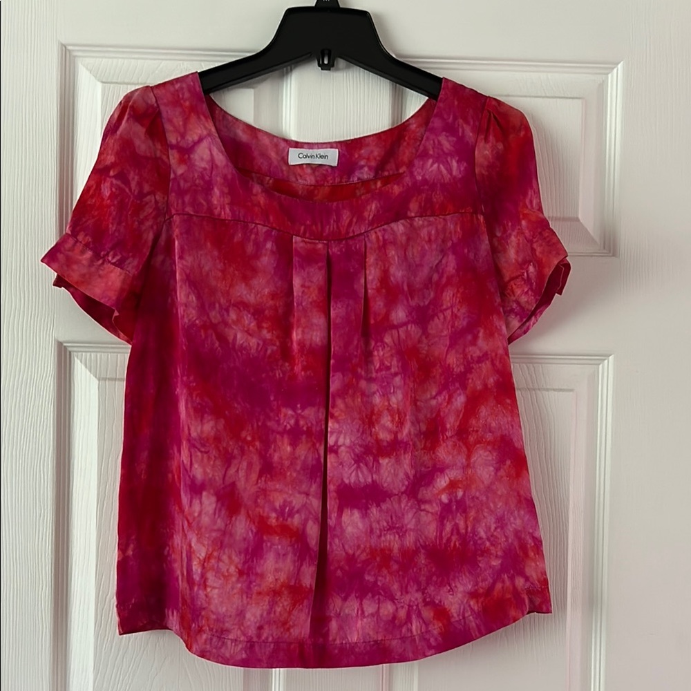 Calvin Klein Pleated Silk Blouse in Red and Pink